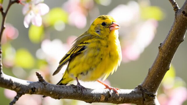 European Serin Singing on a Tree Branch, Springtime