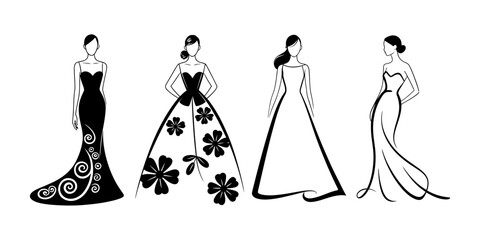 Four elegant line art illustrations of women modeling different types of evening gowns Vector, illustration