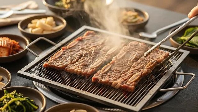 Delicious Korean BBQ Galbi being grilled with steam rising and side dishes.