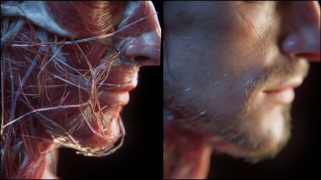 Moebius Syndrome Awareness Day: 3D biomedical CGI comparison of normal facial nerve function versus Moebius syndrome paralysis, split-screen anatomical head model, precise nerve pathways