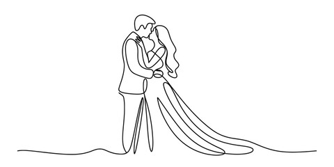 A romantic one line drawing of a newlywed couple embracing and kissing Vector, illustration