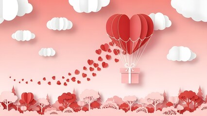 Valentines day heart shaped hot air balloon with gift and hearts