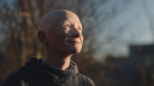 Moebius Syndrome Awareness Day: portrait of an adult with Moebius syndrome standing confidently outdoors, minimal facial movement, powerful eye contact, soft sunlight