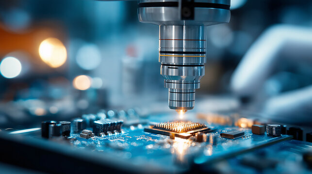 Automated optical inspection AOI system detecting microscopic defects heavily defocused background manufactured electronic components quality control high resolution camera scan