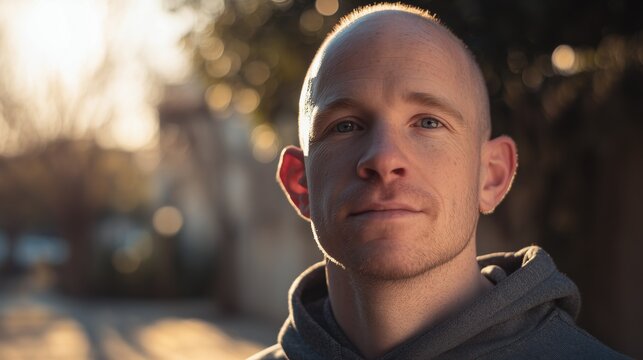Moebius Syndrome Awareness Day: portrait of an adult with Moebius syndrome standing confidently outdoors, minimal facial movement, powerful eye contact, soft sunlight