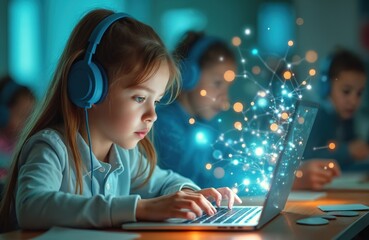 Young girl wears headphones using laptop for virtual learning. Children study online with interactive digital displays. Kids engage with futuristic tech in classroom setting.
