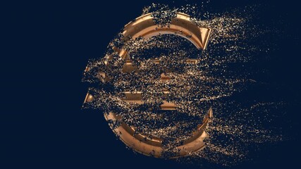 Gold euro symbol disintegrating into particles on dark blue background, metallic currency sign concept; 3D finance illustration of volatility, crisis and devaluation