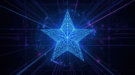 A glowing blue star made of digital lines shines brightly in a futuristic abstract background