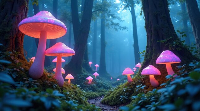 A magical forest scene where vibrant pink mushrooms illuminate a winding path under a misty sky - Powered by Adobe