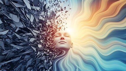 Serene face transitioning from dark chaos to bright flowing energy waves