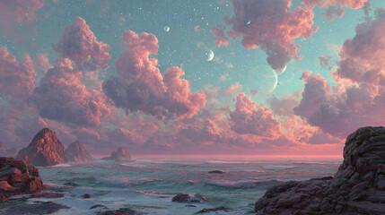 An ethereal coastal landscape, bathed in the soft hues of dawn or dusk. The sky is filled with voluminous clouds, and the ocean stretches towards the horizon, promising a serene atmosphere