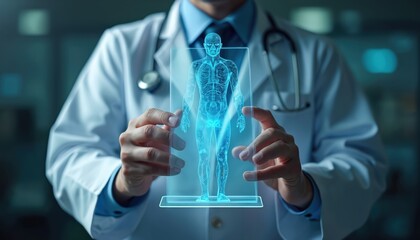 Doctor uses futuristic hologram display showing human anatomy. Medical professional examines body scan for diagnosis or treatment planning. Advanced tech in healthcare.