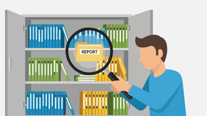 Person examining office report in a filing cabinet with a magnifying glass for efficient data management and retrieval process