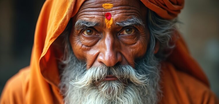 Elderly Indian man with long grey beard wears orange robe. He has tilak on forehead. Person looks thoughtful, wise, and serene. He represents spirituality and ancient traditions.