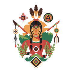 Indigenous Woman Portrait with Tribal Symbols, Feathers, and Landscape