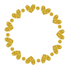 Golden Glitter Heart Circle Frame. Valentine's Day decorative round border isolated on transparent background