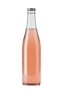 A tall, unbranded cylindrical clear glass bottle filled with pale ros&eacute; pink effervescent liquid and delicate bubbles, isolated against a seamless transparent background. Concept for beverage