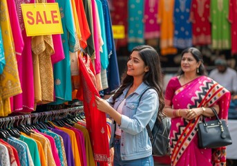 Two women shopping for colorful clothes at a busy outdoor market stall with a sale sign.