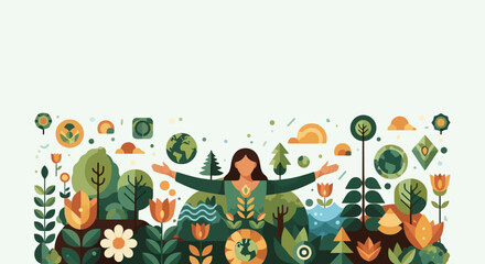 Fototapeta premium Flat illustration of a woman embracing nature and ecological elements.