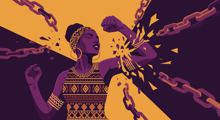 Empowered Black Woman Breaking Chains of Oppression Vector Illustration