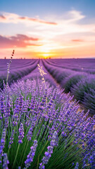 Fototapeta premium Lavender fields at sunset with vibrant sky and blooming flowers 