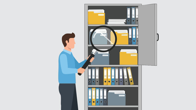 Man examines files in a cabinet using a magnifying glass to find specific information within an office archive documenting research or data