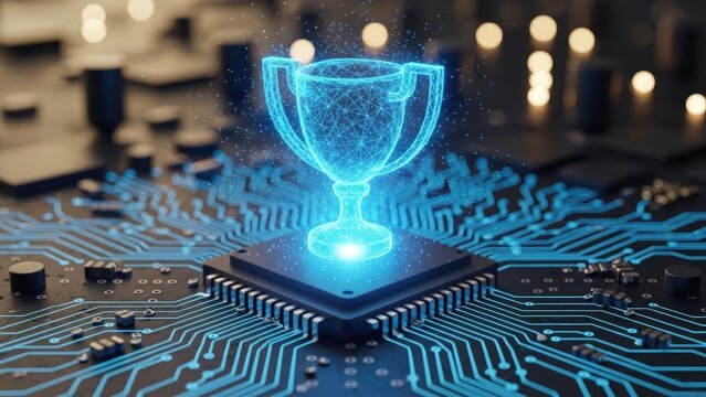 Glowing blue trophy on a computer chip symbolizing digital achievement