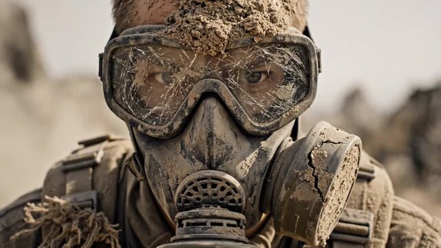 Battle hardened soldier wearing protective gas mask in dusty warzone environment representing survival military readiness and modern combat realism