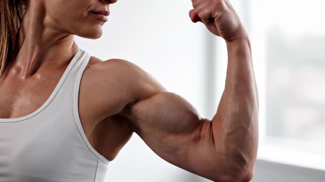 Female Bodybuilder Flexing Bicep Muscle in White Tank Top, Close Up