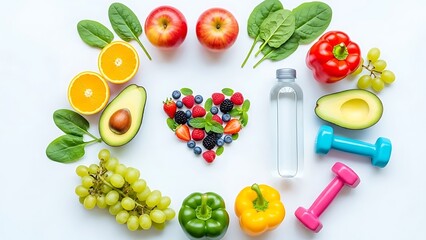 Healthy lifestyle concept featuring fresh fruits, vegetables, and fitness equipment on white background