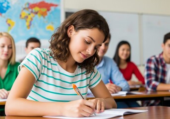 Young female student focused on writing during a classroom lesson.