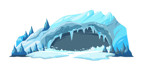 Cartoon ice cave entrance with icicles and snow, winter landscape element © NAHID 