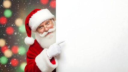 Fototapeta premium Jolly santa claus holding blank sign with copy space