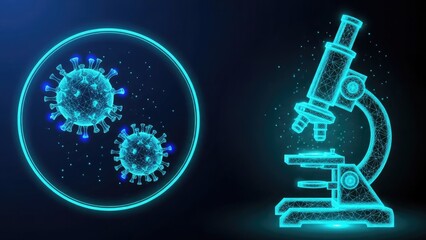 Glowing blue virus cells and microscope on dark background