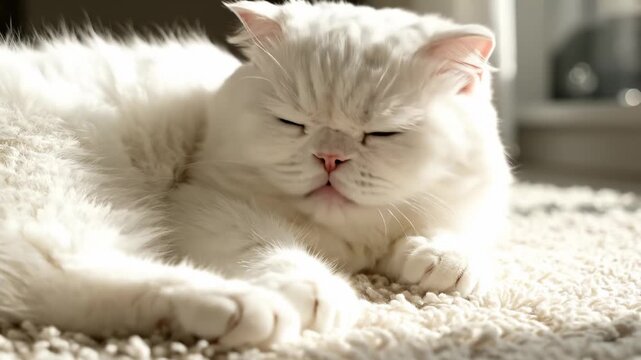 White Persian Cat Yawning on Carpet in Bright Sunlight