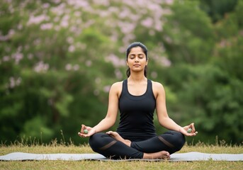 Young Indian Woman Meditating Peacefully in Lotus Pose Outdoors.