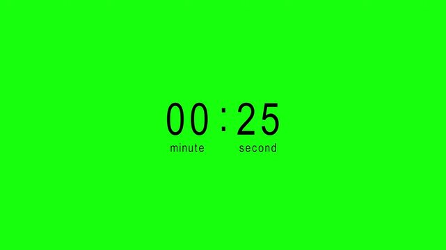 A countdown timer animation featuring minute and second formats with small descriptive labels. Built for chroma key workflows, it allows flexible replacement and seamless integration into edited video