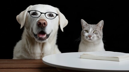 White labrador wearing glasses with gray cat sitting beside book on wooden table