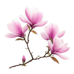 Obraz premium Pink Magnolia Blossoms Blooming on Branch Isolated Against Transparent Background Displaying Delicate Petals and Floral Elegance