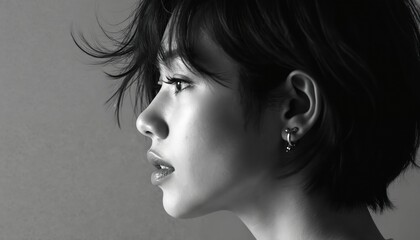 Monochrome studio portrait profile young woman side view. Short windswept dark hair frames expressive face, gentle makeup, hoop earrings. Elegant pose, copy space.