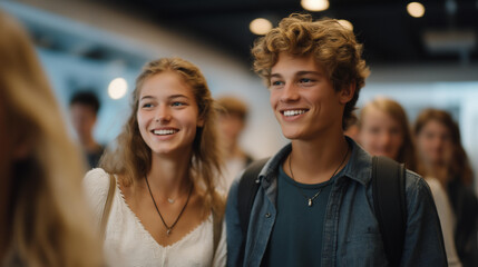 Students leaving a lecture hall together, animated conversation and laughter capturing the social dimension of university life and learning. cinematic color correction, natural uneven lighting yet