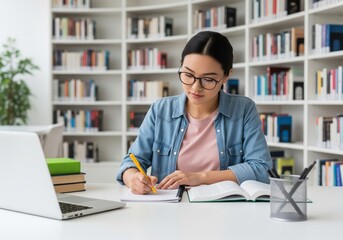 Young woman studying diligently at a desk in a library surrounded by bookshelves.