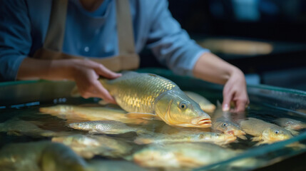 A fish health specialist examining fish samples at an on-site lab, highlighting biosecurity, disease prevention, and quality control in fish farming. cinematic color correction, natural uneven