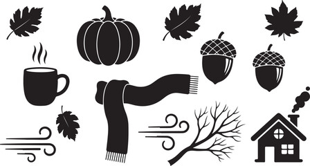 Autumn season icons black silhouette collection