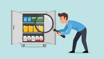 Man meticulously examining files in a cabinet for efficient data retrieval and information management illustration