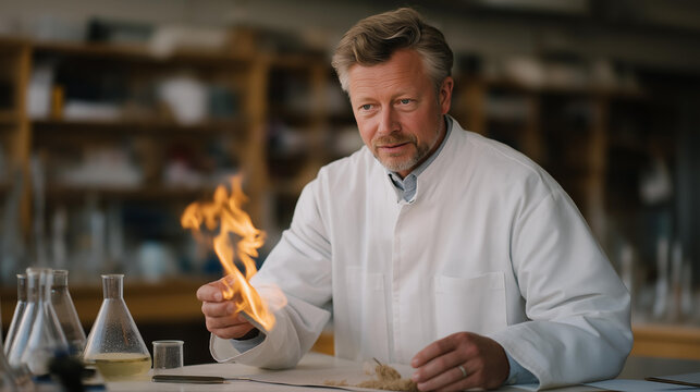 A fire safety specialist demonstrating how mineral wool withstands extreme heat, comparing burn tests to other materials in a controlled laboratory setting. cinematic color correction, natural