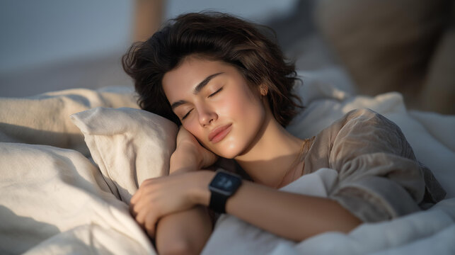 A wearable sleep tracker analyzing circadian rhythm alignment, displaying REM cycles, deep sleep stages, and daily recovery scores on a mobile app. cinematic color correction, natural uneven
