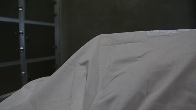 A corpse on a gurney in a hospital morgue