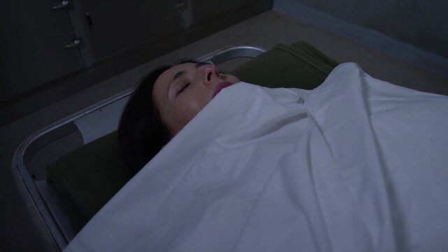 A corpse on a gurney in a hospital morgue