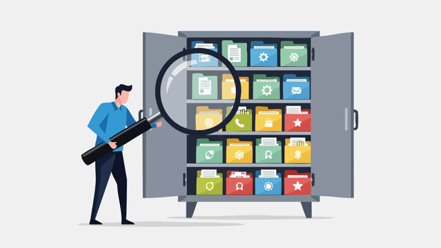 Professional examining diverse files within an organized cabinet showcasing information search and data management concept